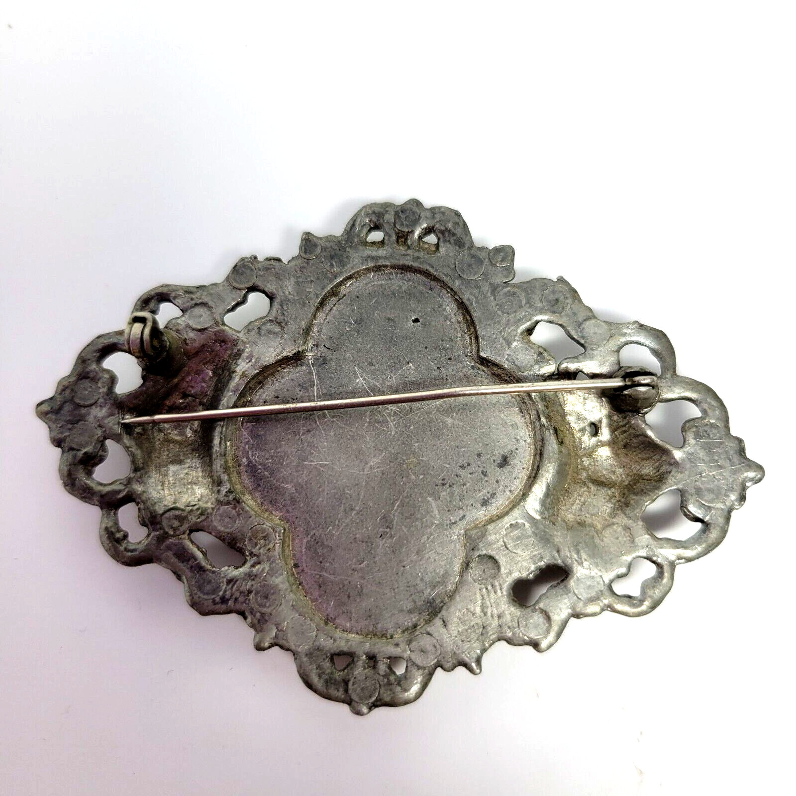 Antique Victorian Porcelain Courting Couple Repousse Pewter Brooch Large
