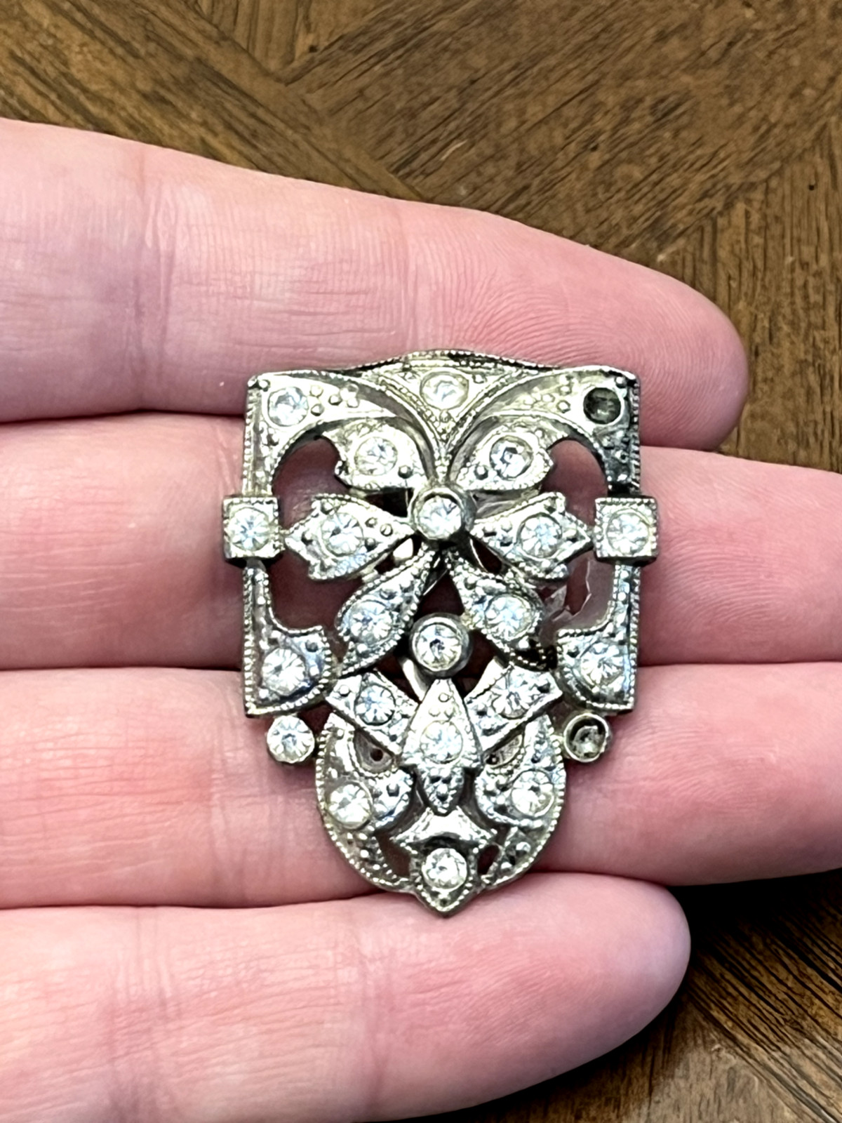 Vintage 1920’s/1930’s Rhinestone Brooch/Dress Clip Art Deco Silver Tone Nice!