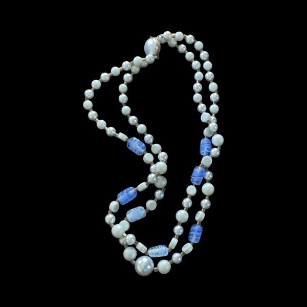 Vintage Double Strand Grey Pearl and Blue Swirled Lucite Bead Necklace