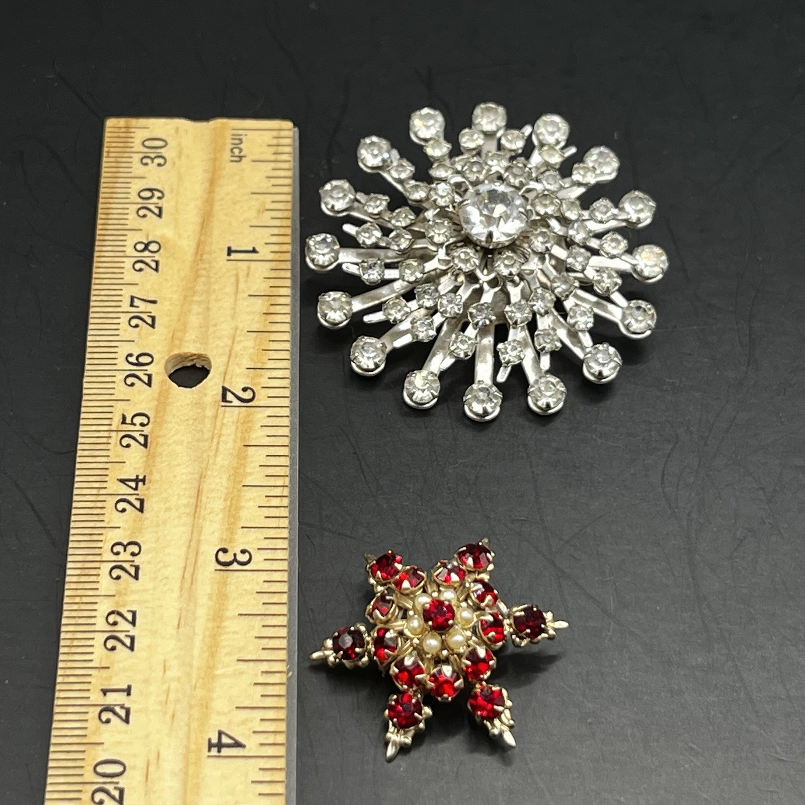Vtg 2 Pc Brooch Lot: Clear Rhinestone Flower Red Starburst Snowflake *See Notes