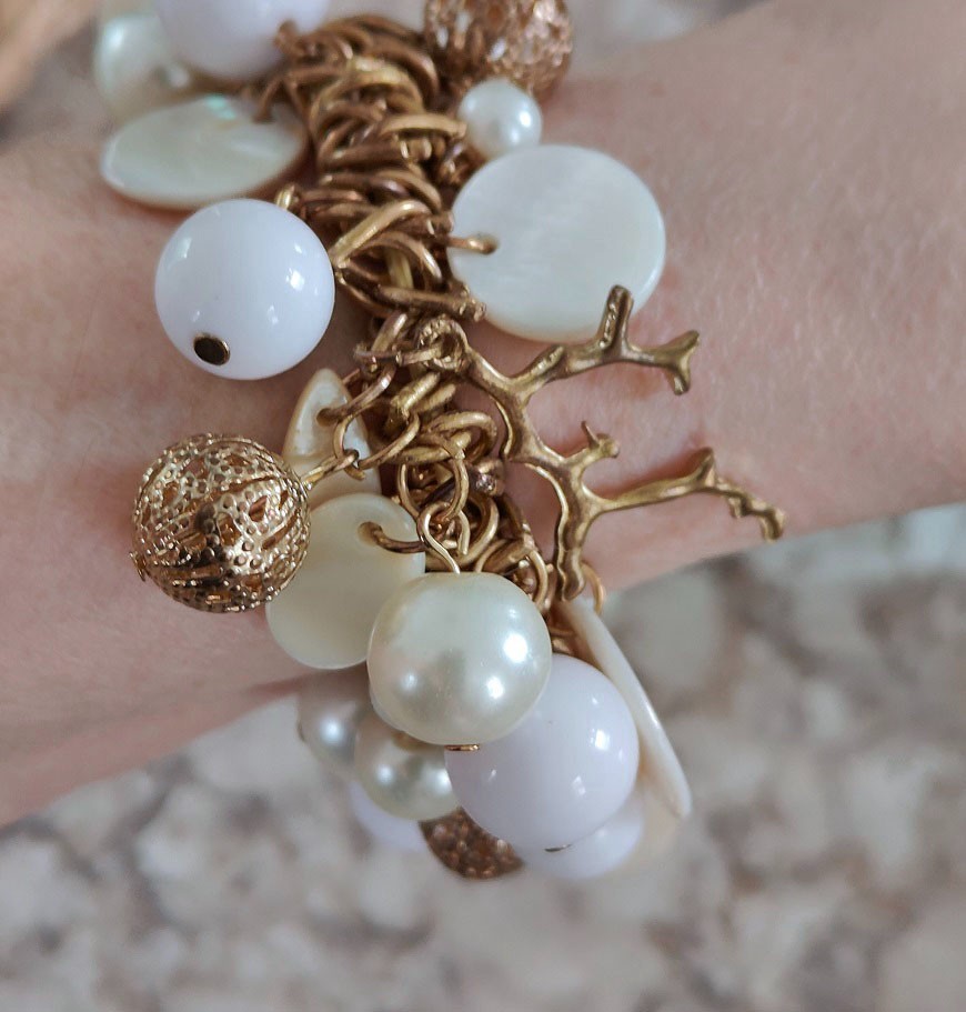 Gold Tone Statement Starfish Bracelet Nautical Pearls Beach Sea Life Chunky