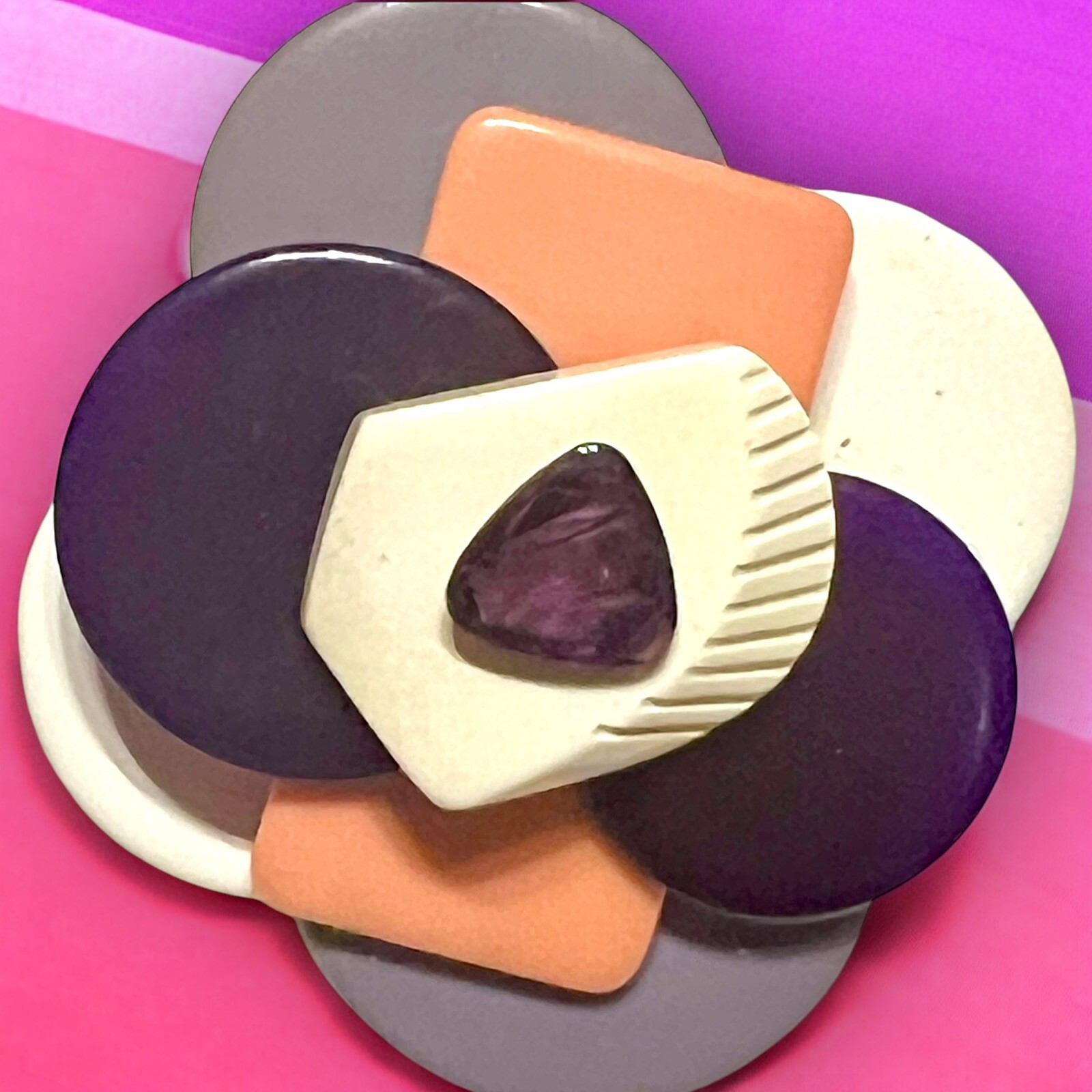 Lavender, Purple, Pink & White Modern Galalith Brooch Early Plastic Bakelite Era