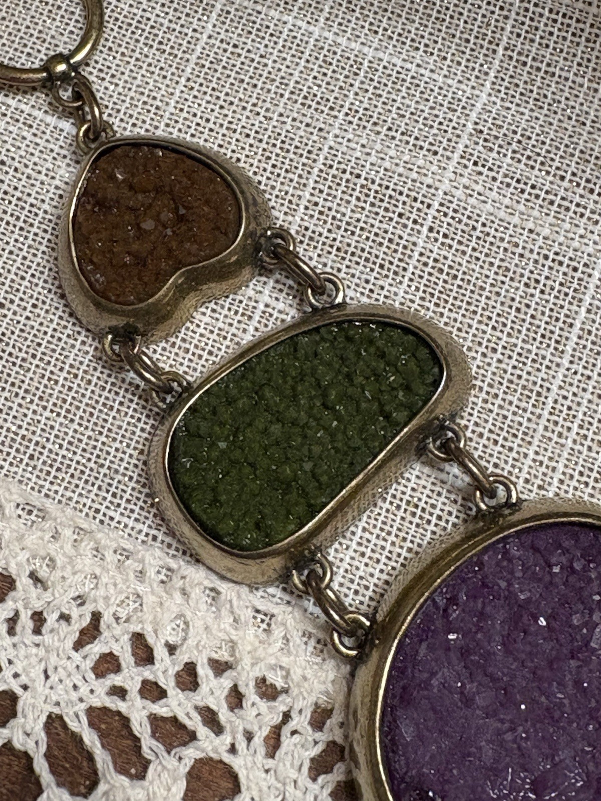Vintage Handmade 5 Color Geode & Brass Link Chunky Bracelet Toggle Clasp BOHO