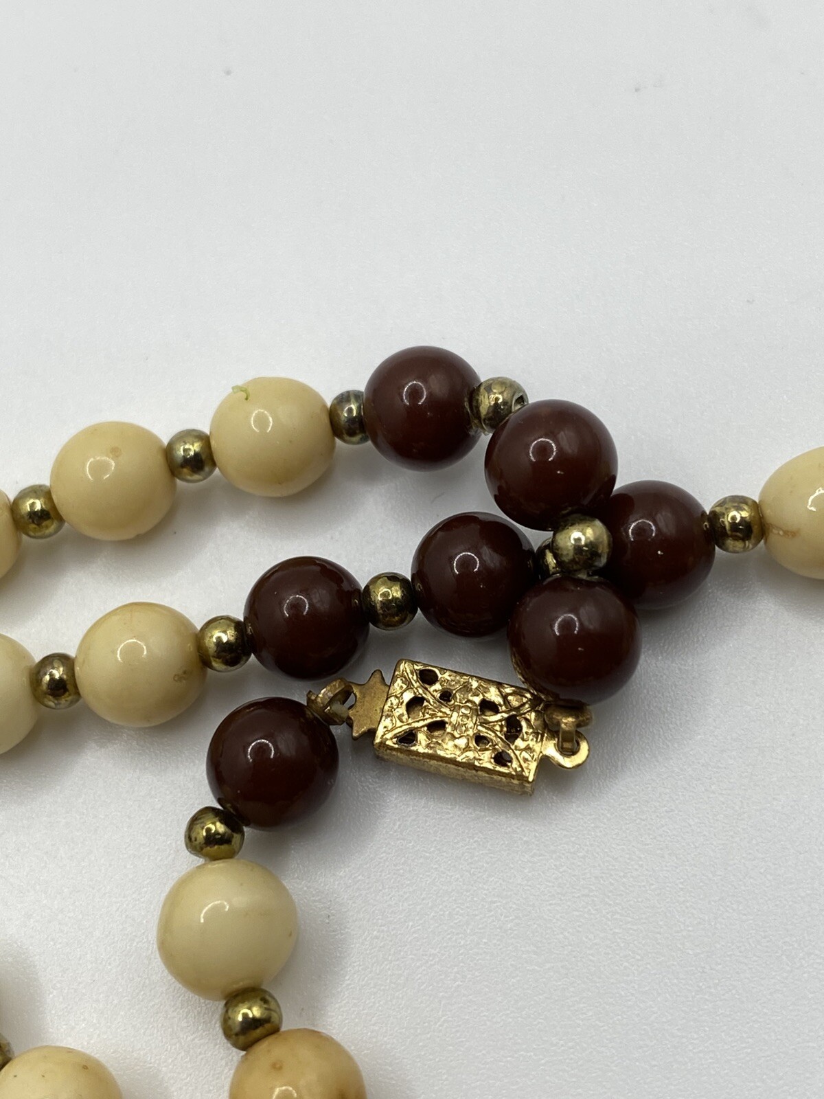 Boho Sty Layered Multi Strand Beaded Necklace Cream Brown Gold Tone Fashion Vtg.