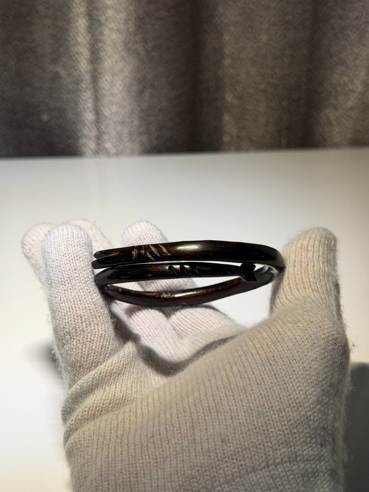 Vintage Black Coral Hand Carved Fish Bypass Bangle Bracelet