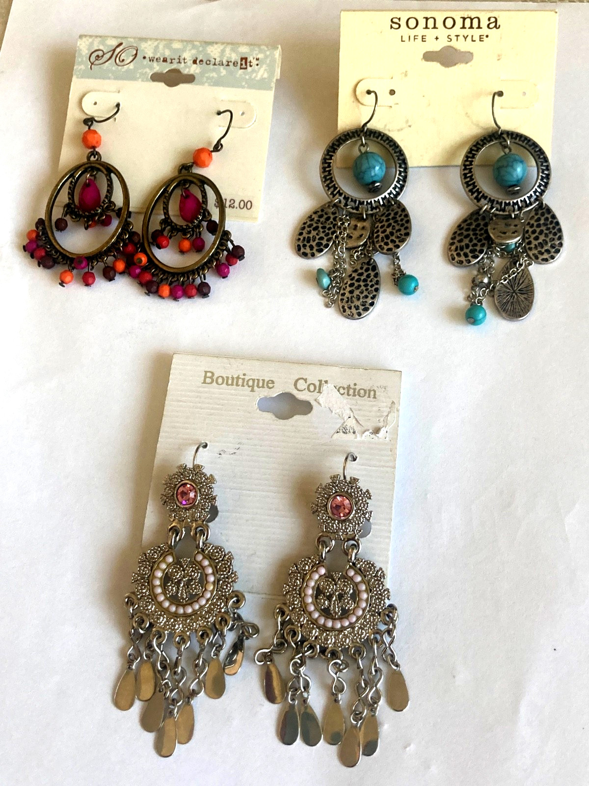 Vtg Boho Pierced Earrings Big Dangle Lot of 3