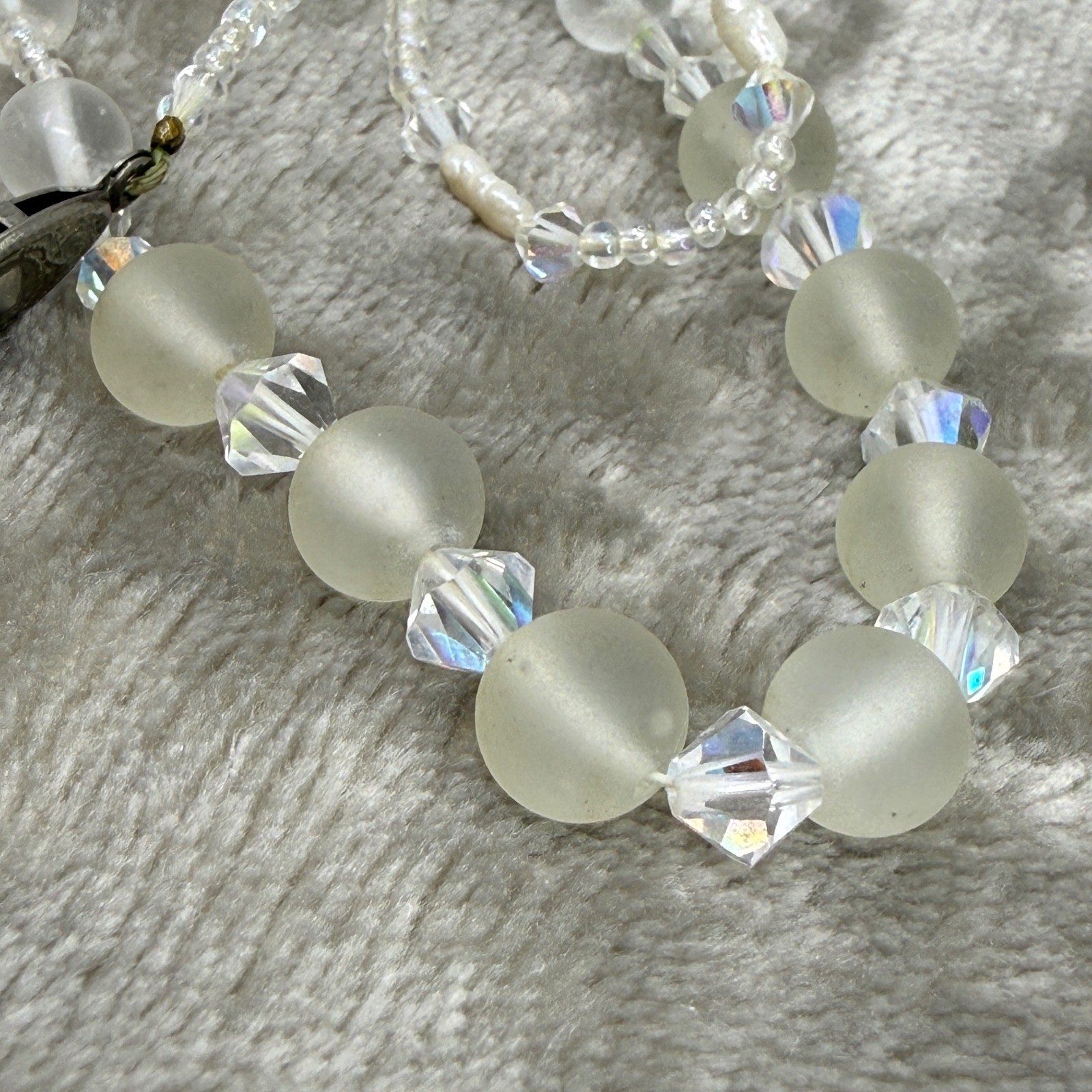 Vintage Frosted Glass AB Crystal Pearl Beaded Necklace Filigree Clasp Iridescent