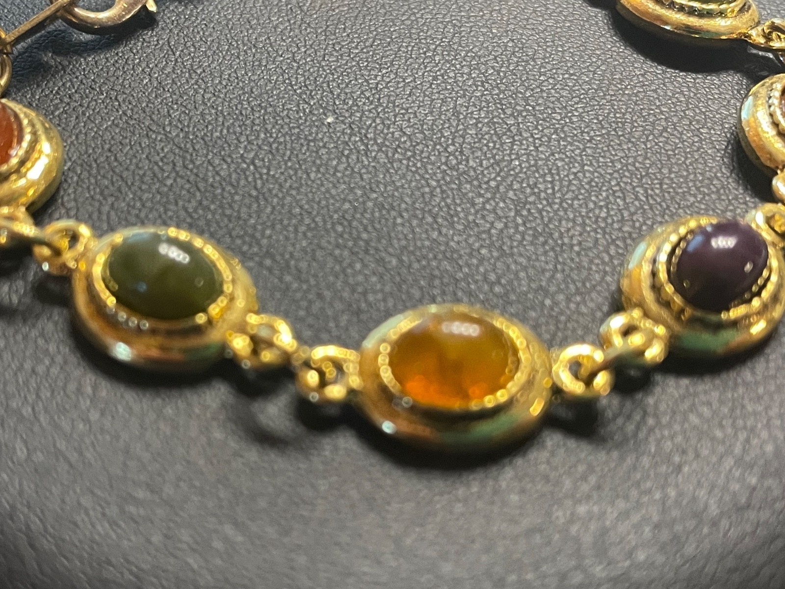 Vintage Bracelet 7.25” Naga Eye Gem Multi-Colored Gemstone amulet gold tone