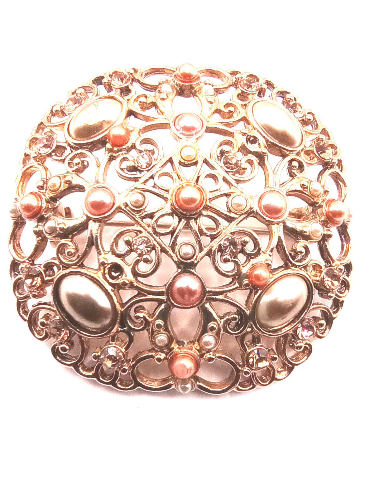 Vintage Filigree Brooch Champagne Colored White Faux Pearls Gold Tone 2 in D