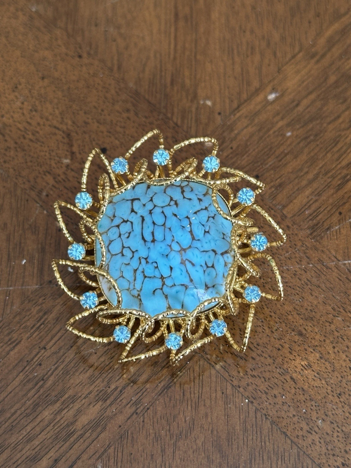 Vintage Faux Turquoise Cabochon Rhinestone Brooch/Pendant Gold Tone Nice!