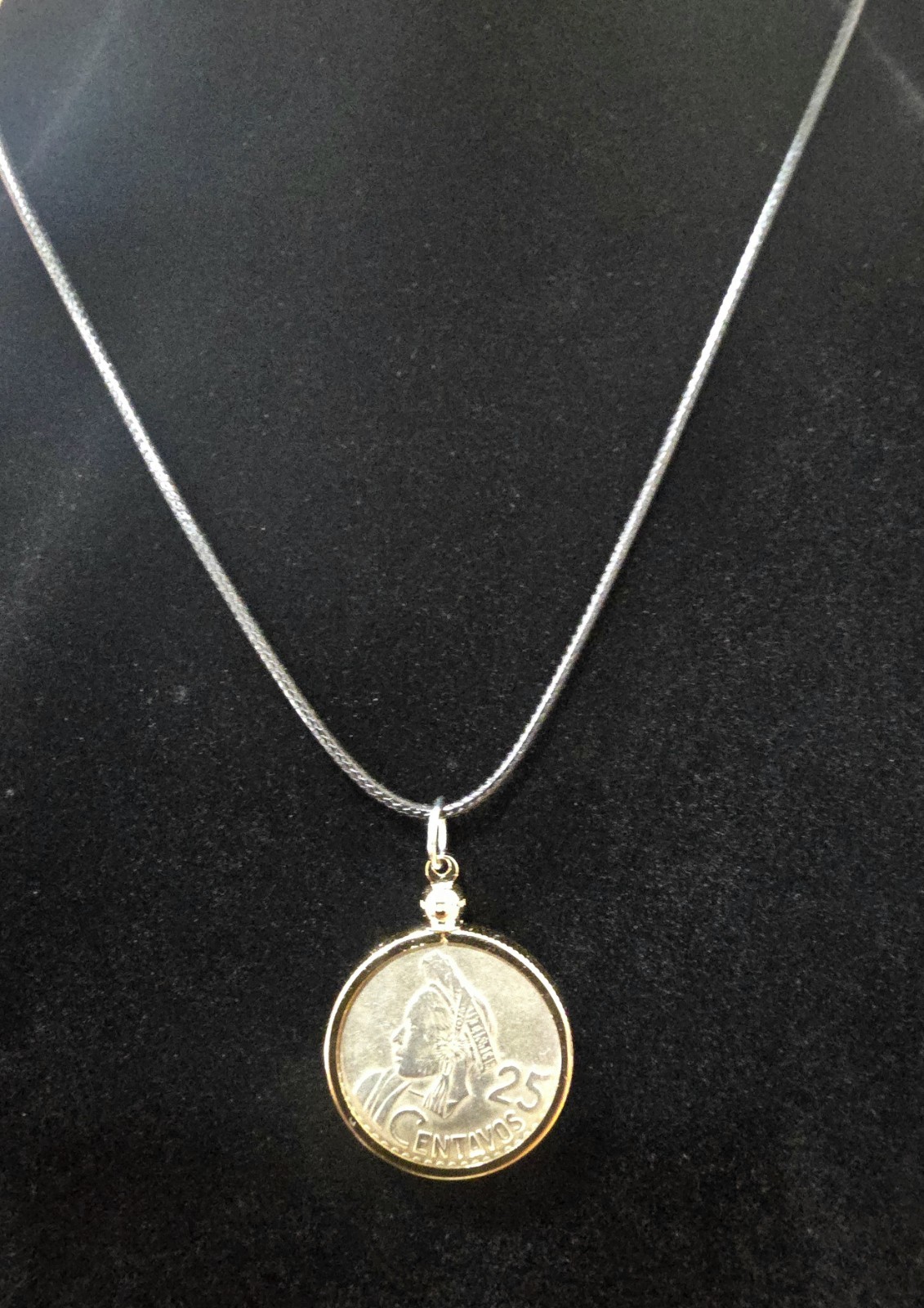 Coin Pendant Necklace Guatemala 1965 with Black Cord Vintage Jewelry Gift