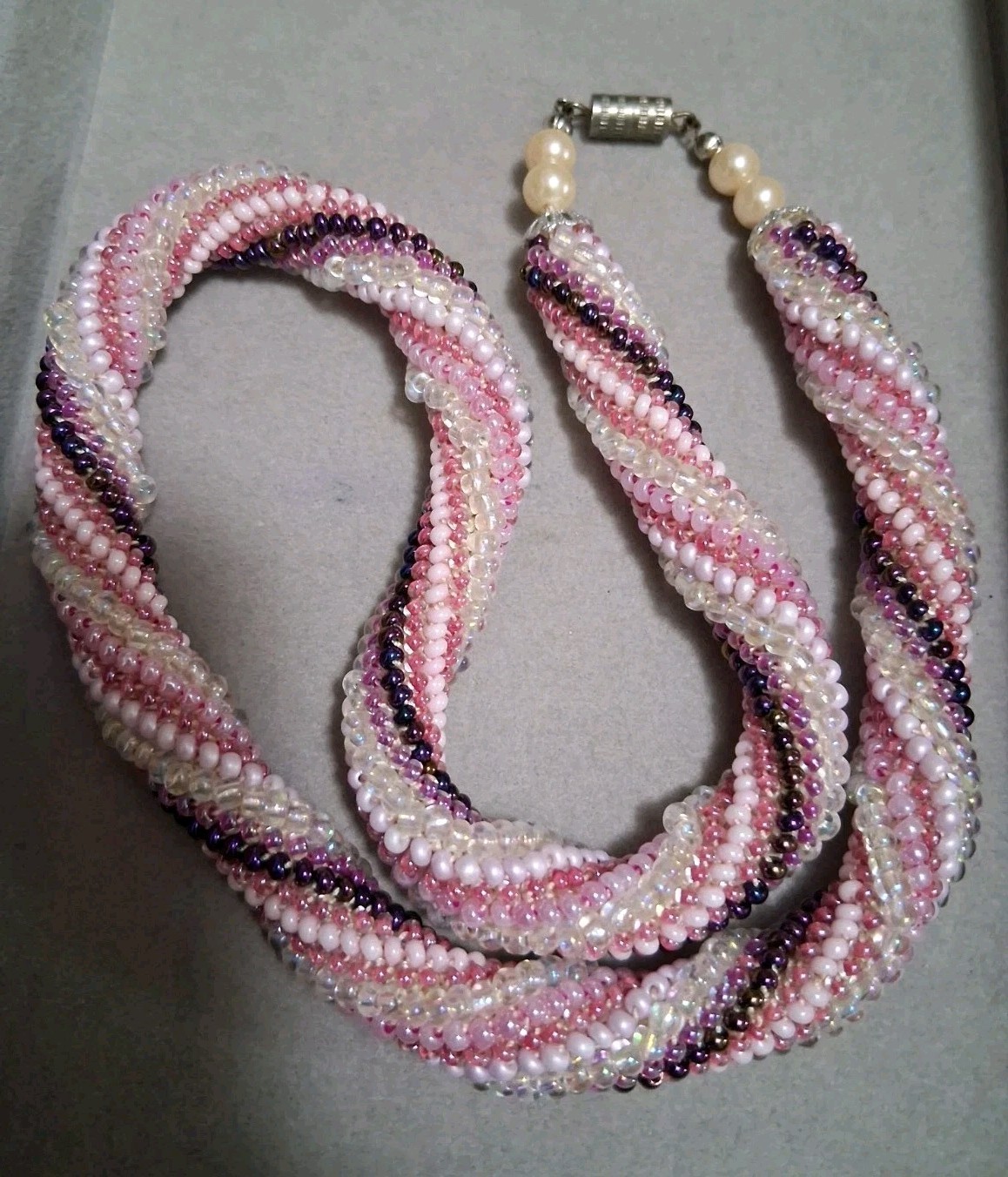 Twisted torsade necklace, pink, purple, & white glass seed bead, rope style