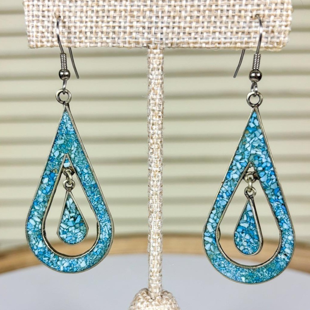Artisan Vintage Turquoise Chip Inlay Silver Teardrop Earrings Southwestern Boho