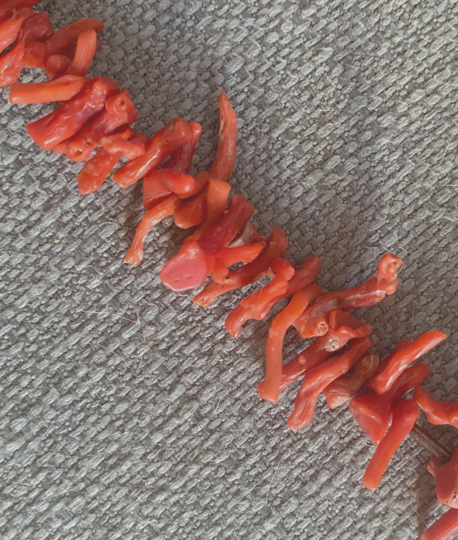 Vintage 1970’s Natural Branch Red Coral Necklace w Silver? Metal Beads 18″