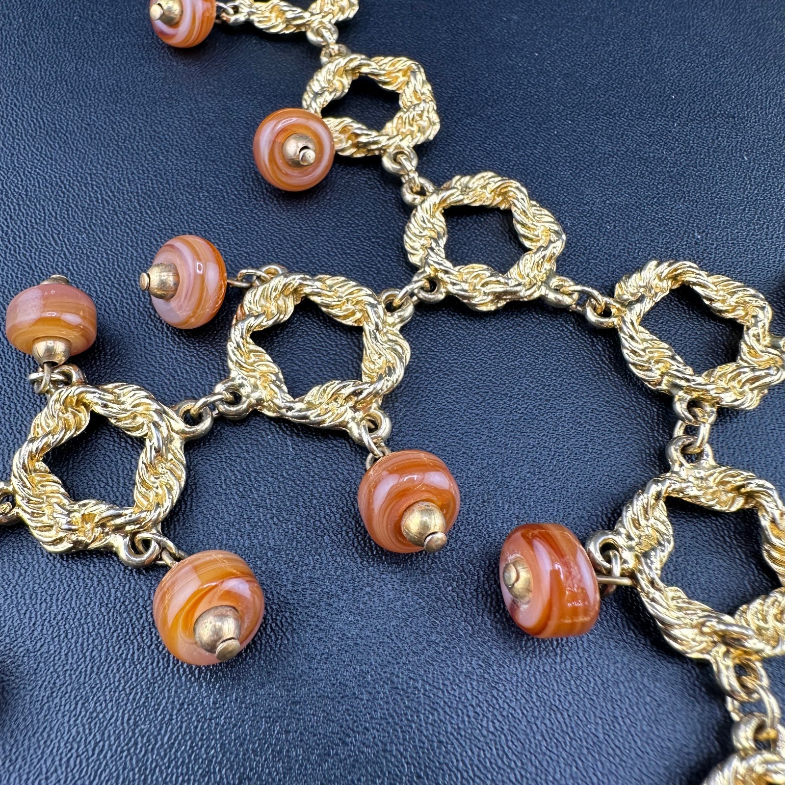 Vintage Statement Necklace Bib Fringe Hammered Gold Tone Link Agate Bead Dangles