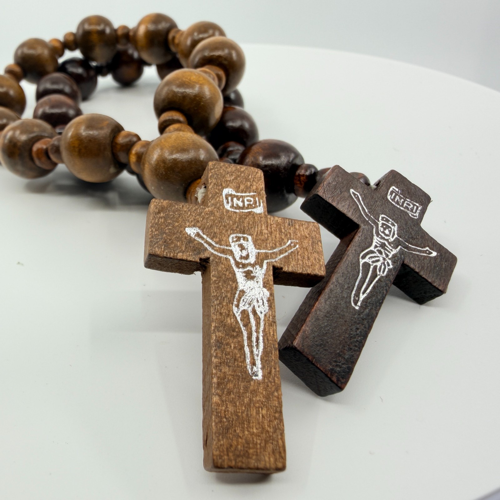 Vintage Brown Wood Beaded Rosary Silver Tone Jesus Crucifix Catholic Prayer 90s