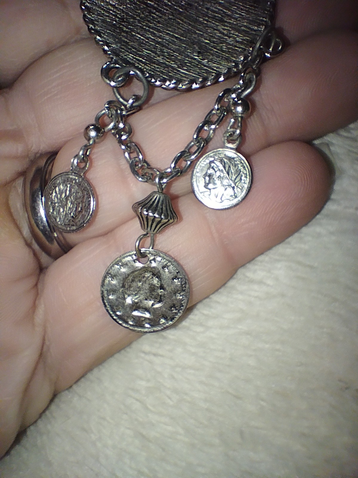 Vintage Simulated French Coins Dangle Brooch 3″