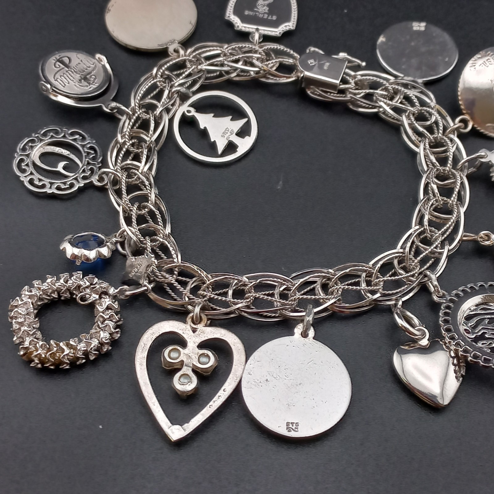 VTG Sterling Silver Charm Bracelet 44g 15 Charms Loaded Mother Travel 925 Heavy