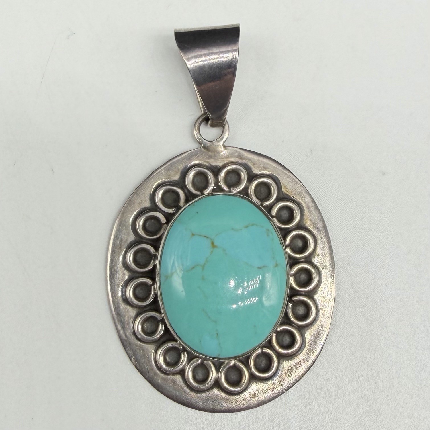 Vintage Taxco TL-83 Sterling Silver 2.25″ Drop Oval Turquoise Pendant Mex 17.2g