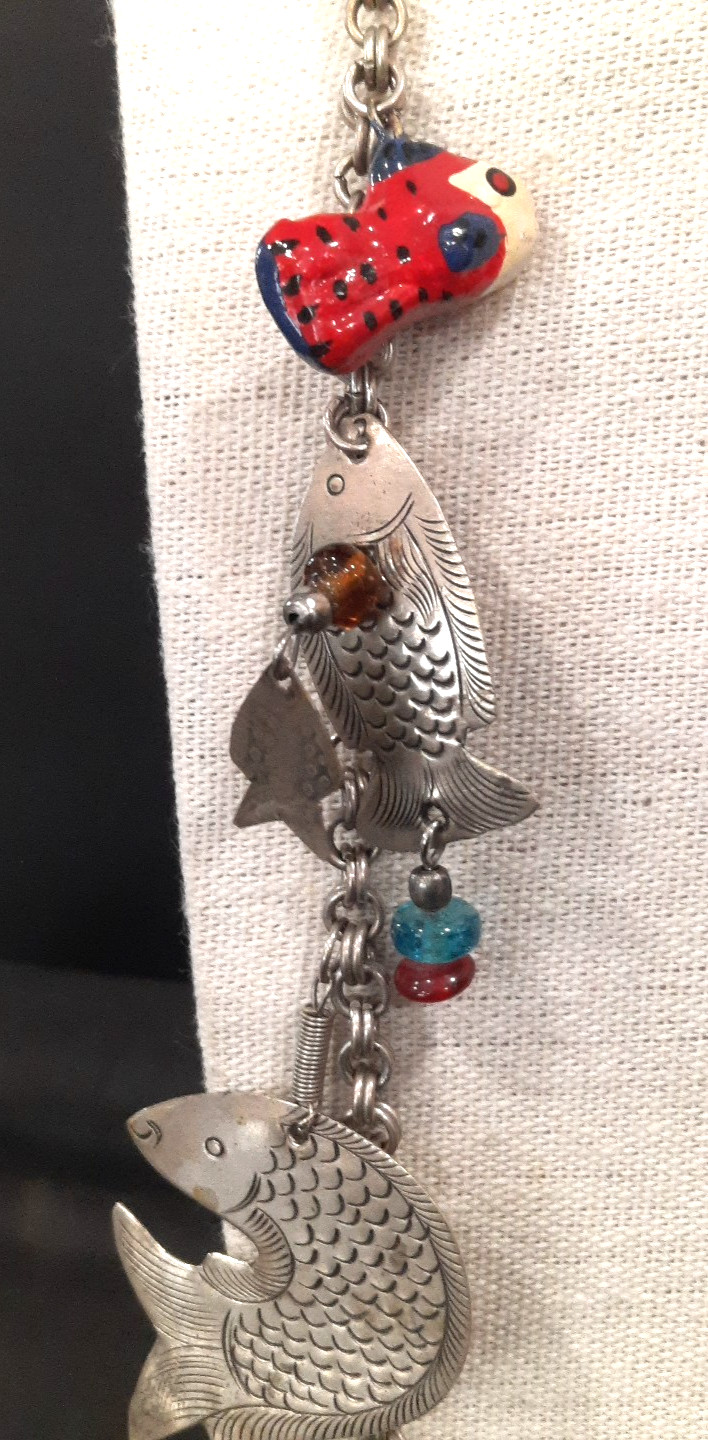 Vintage Eclectic Charm Necklace Fish Star Beads Mixed Metal 28” Long
