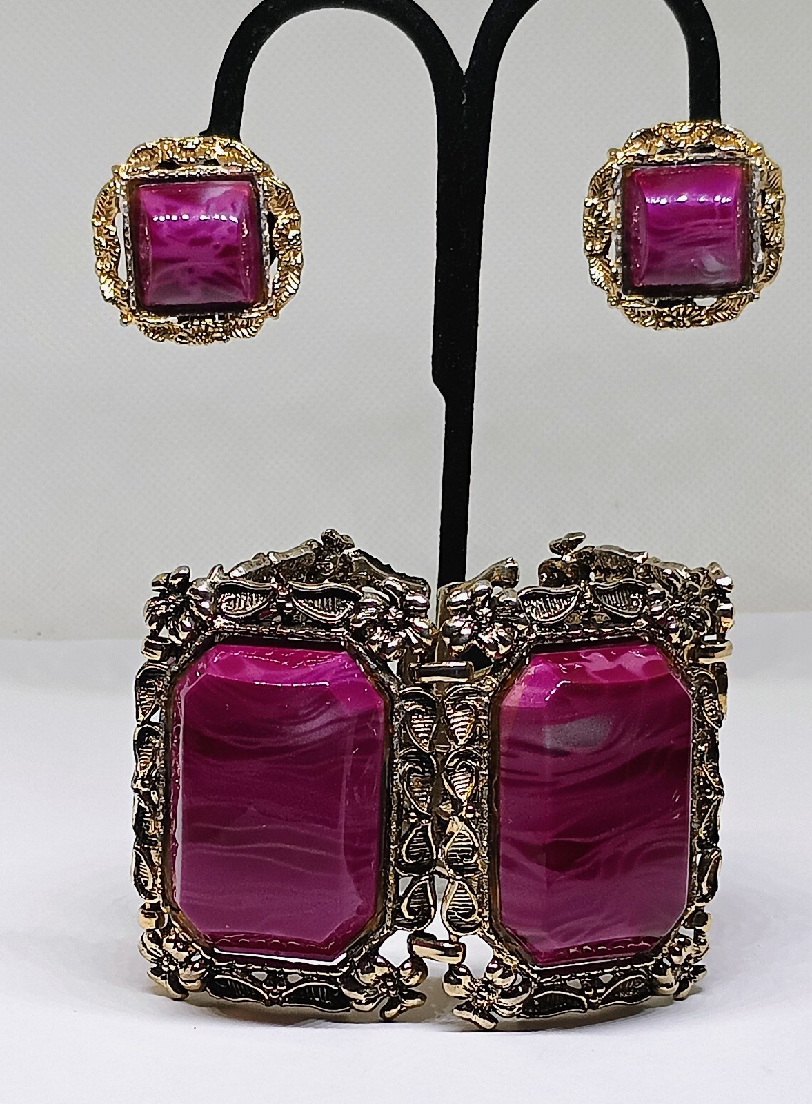 Vintage Purple Thermoset Lucite Chunky Wide Link Bangle Bracelet Earring Set