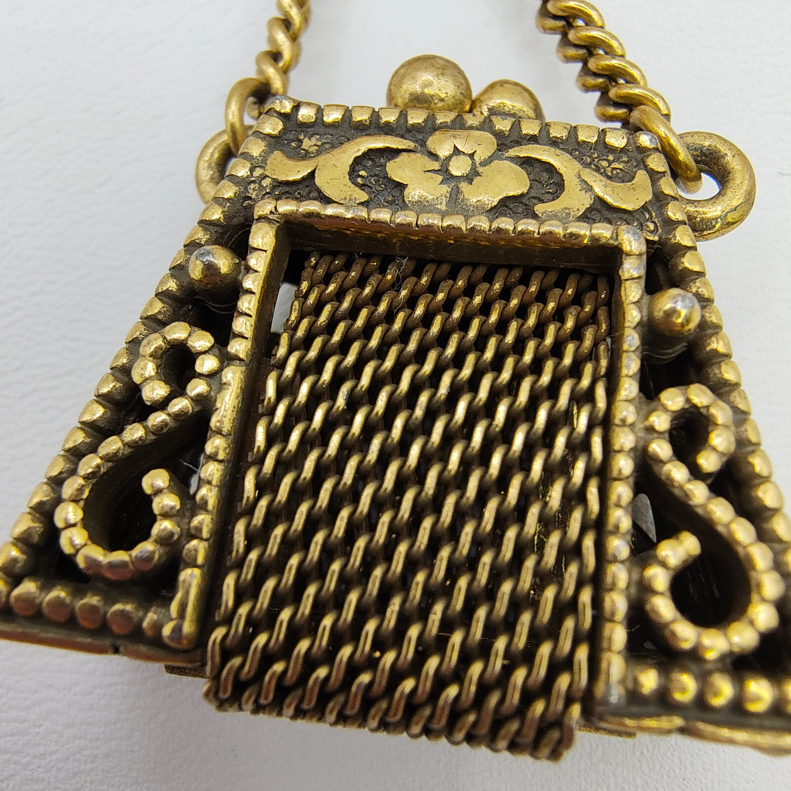 Vintage Purse Pill Box Brooch Pin Gold Tone Chatelaine Multicolor Rhinestone