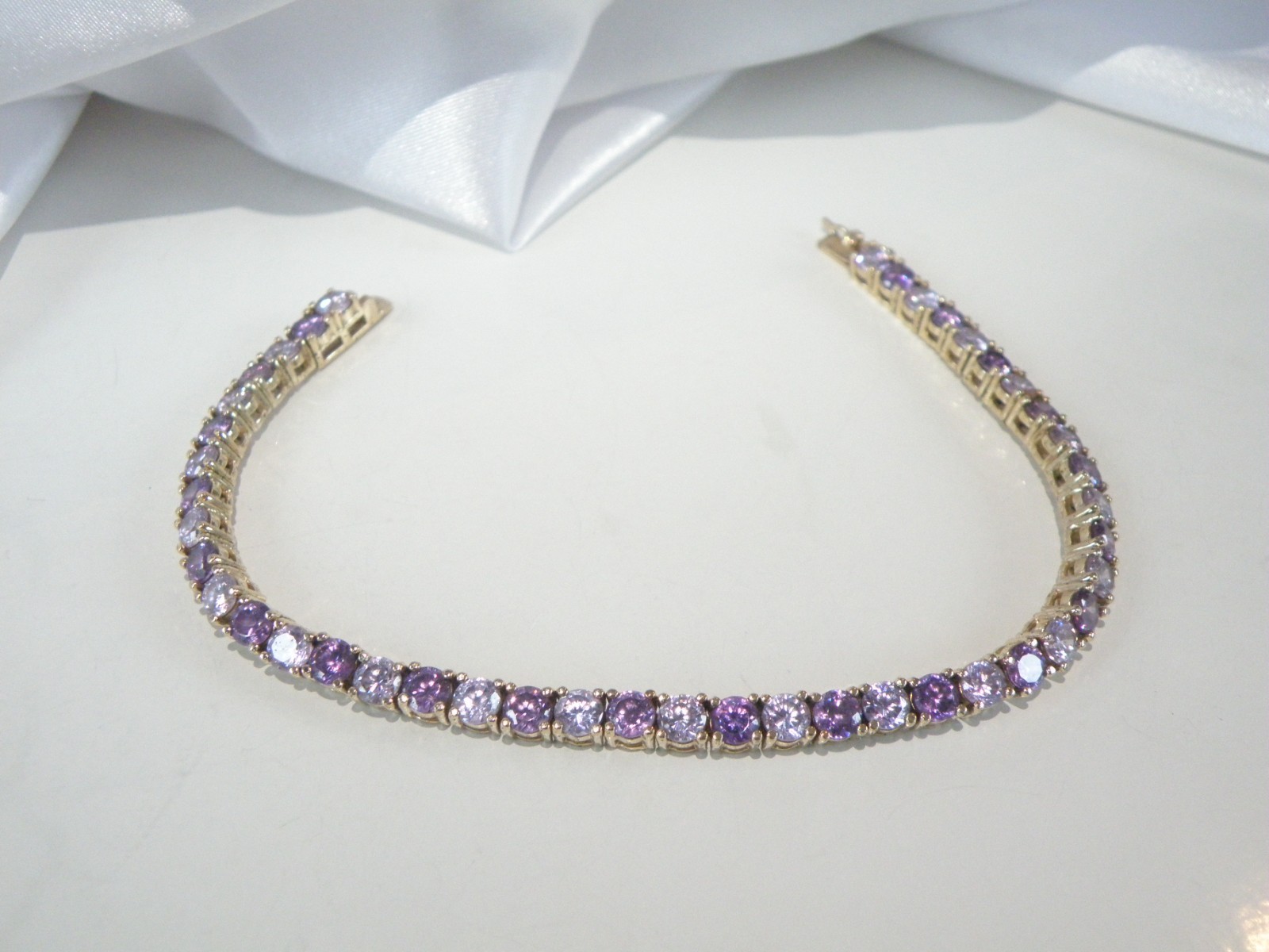 Vintage Sterling Silver 925 Gold Over Amethyst CZ Tennis Bracelet 7.5″