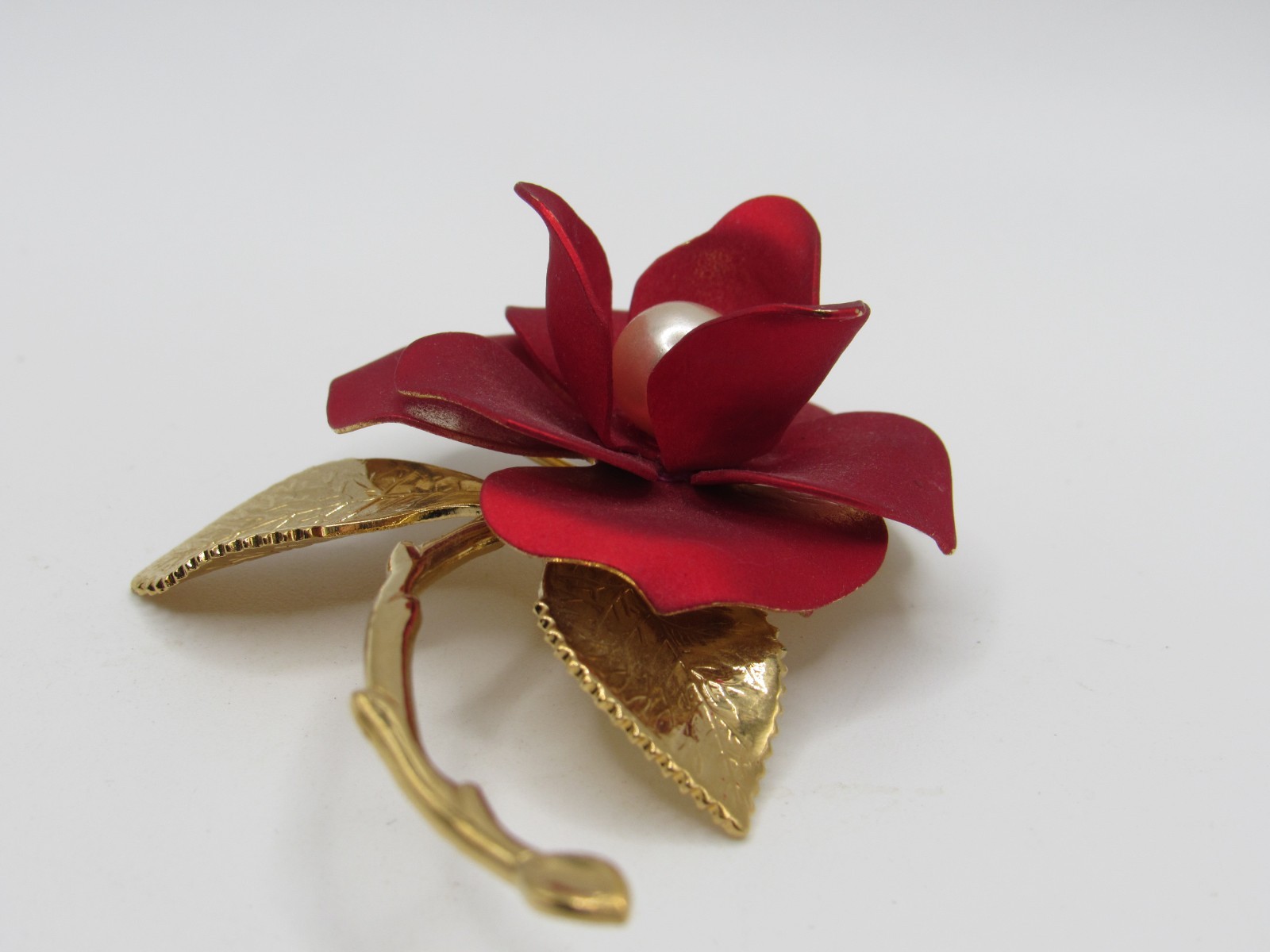Vtg Red Satin Poppy Flower Pin Brooch Large Layered 3D Flower Power 2 3/4″