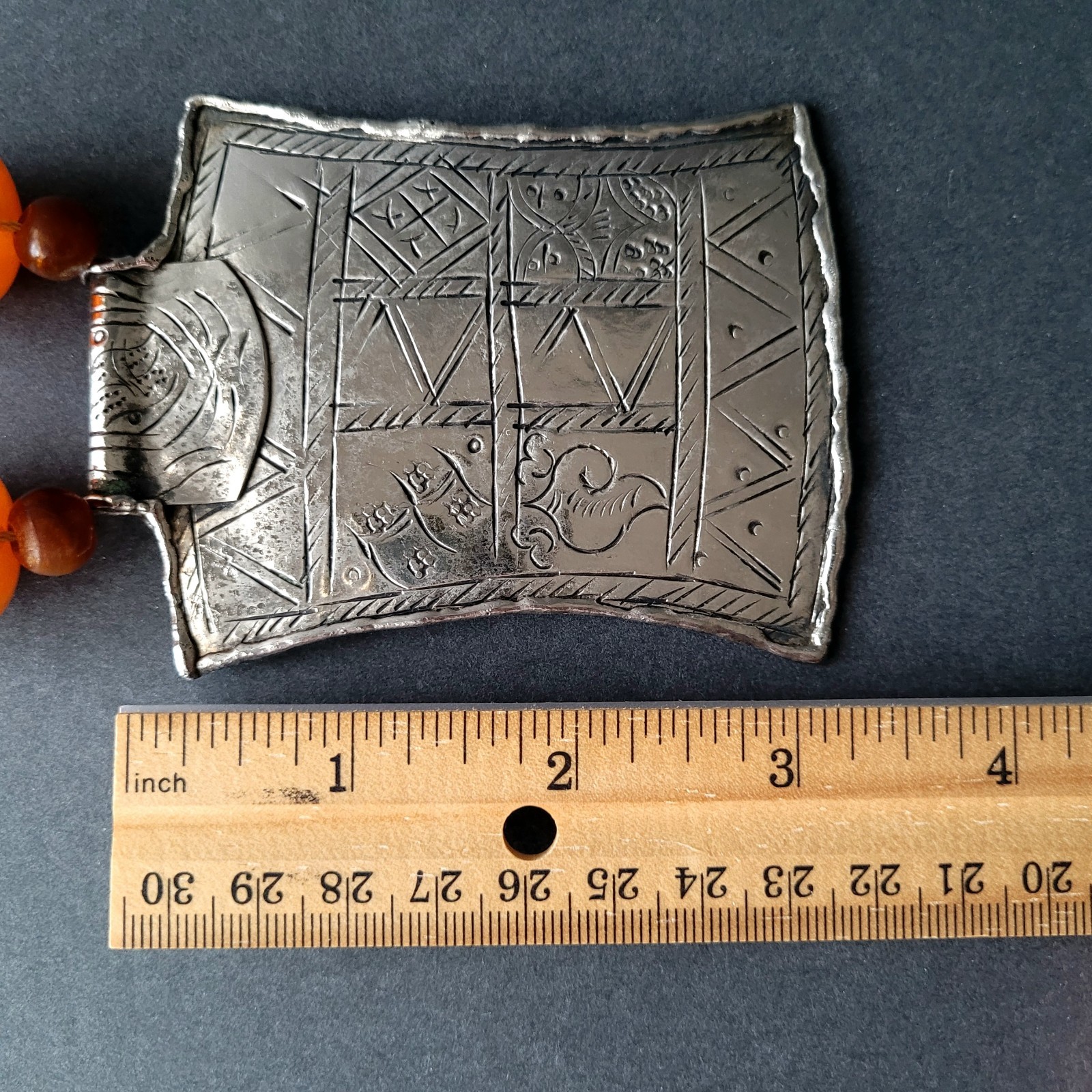 Vtg Pressed Amber Resin ? Prayer Beads Necklace Silverplate Pendant Moroccan