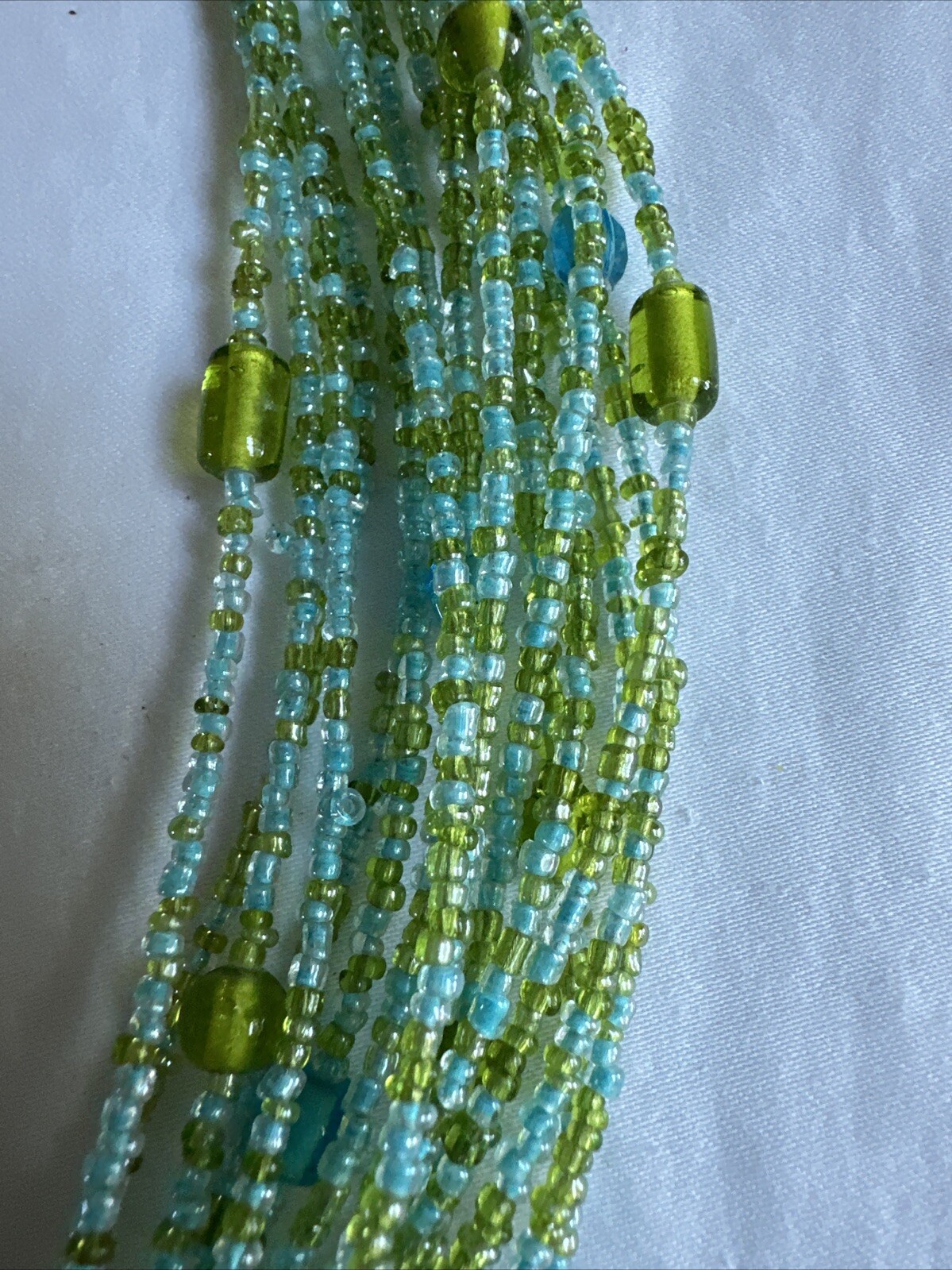 Vintage Seed Bead Multi Strand Wrap Statement Necklace Green, Blue, 22