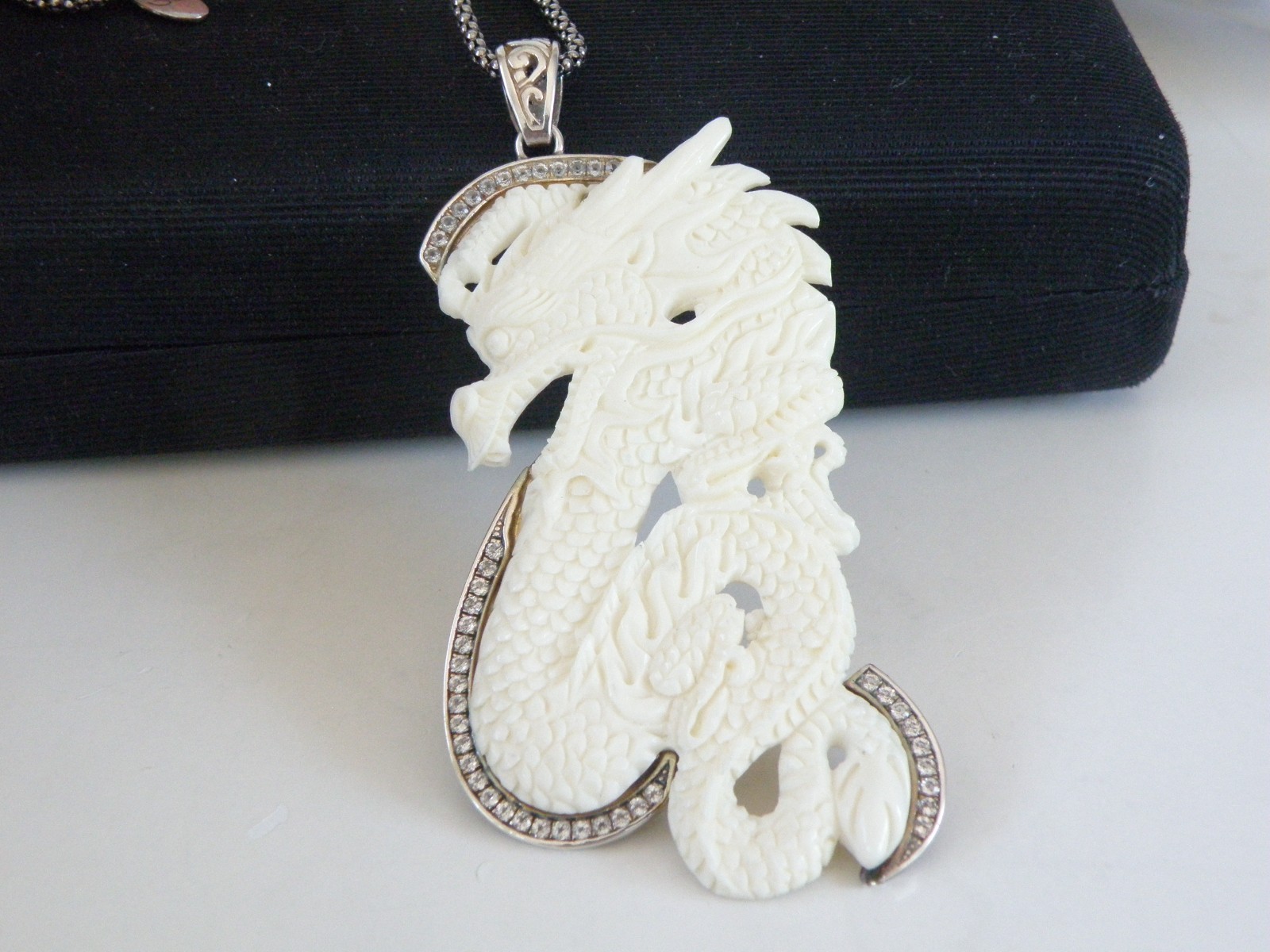 Huge Samuel B Carved CZ Dragon Statement Pendant Popcorn Mesh Necklace