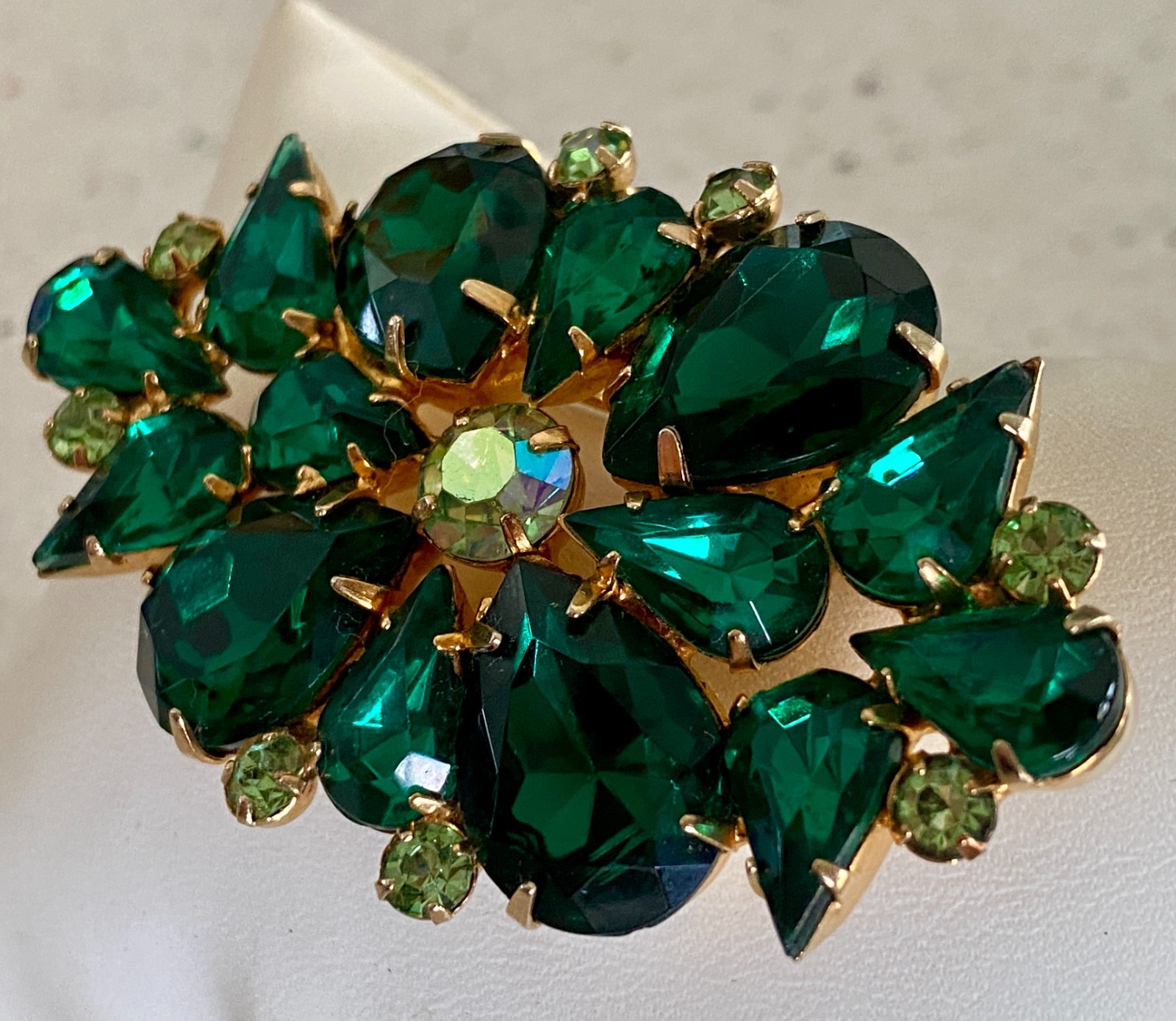 Vintage Emerald Green AB Rhinestone Brooch Faceted Marquise Prong Set