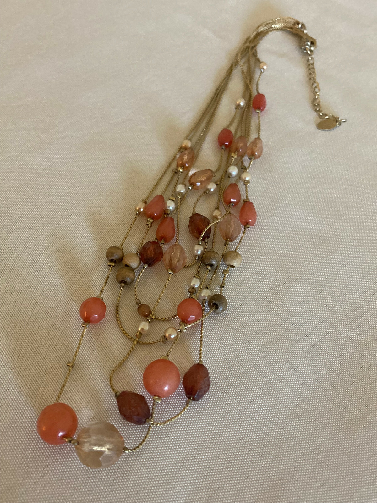 Vintage Five Chain Faux Pearl, Brown and Peach Bead Gold Tone Necklace – 16″