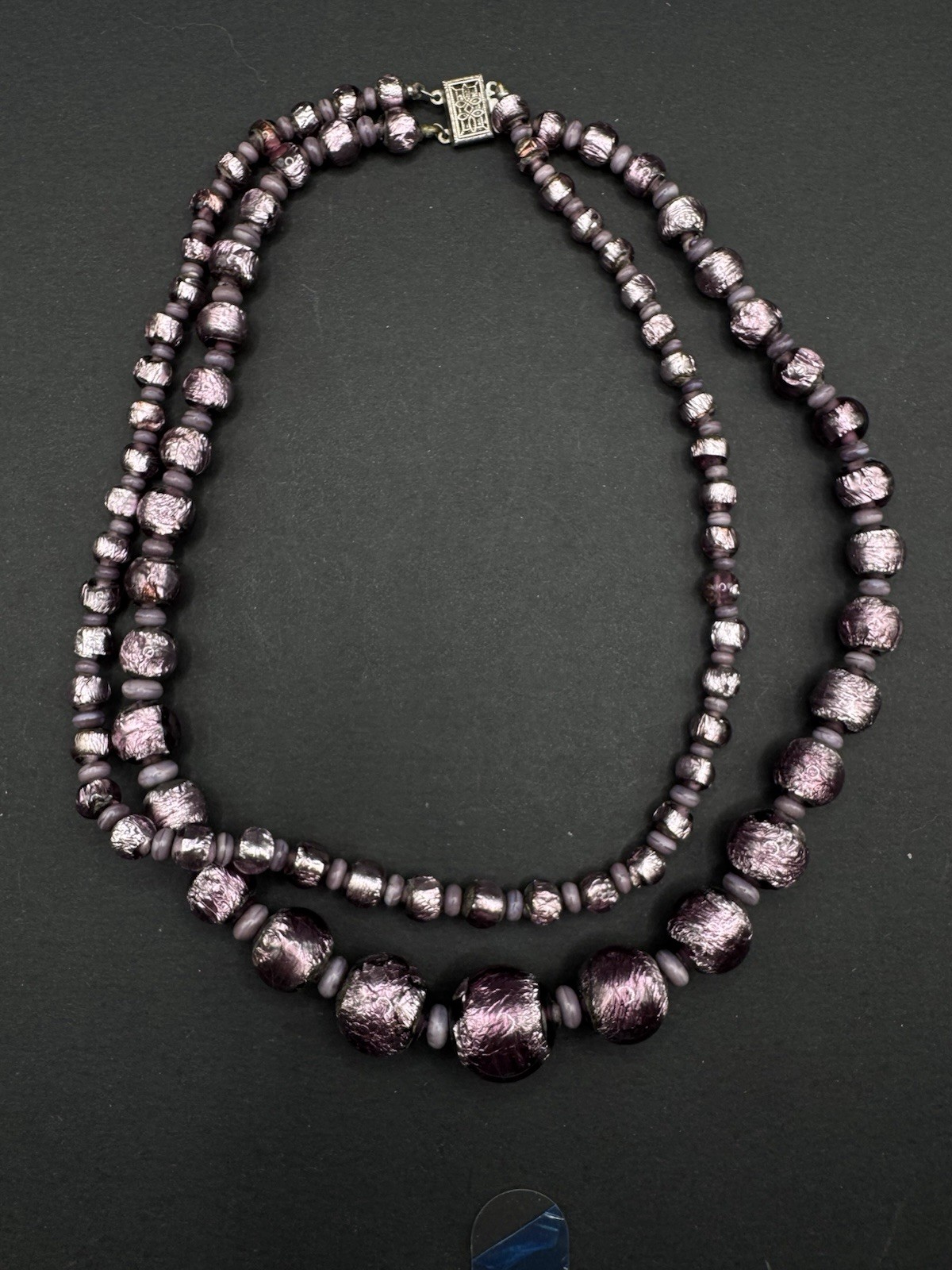Vintage RARE Collectors MURANO FOILED GLASS BEAD Sterling Clasp Double Necklace
