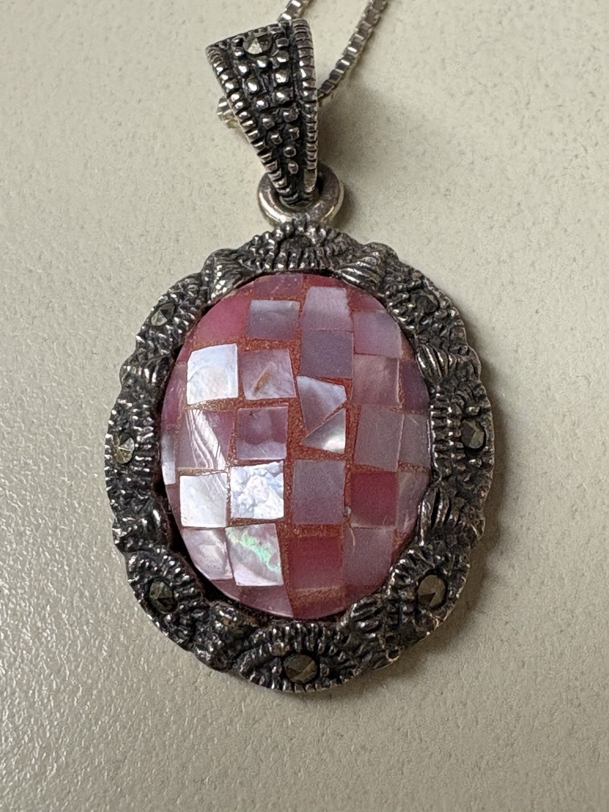 Beautiful Vintage Unique Pink Stone 925 Italy Pendant & Chain Necklace 925 Nice