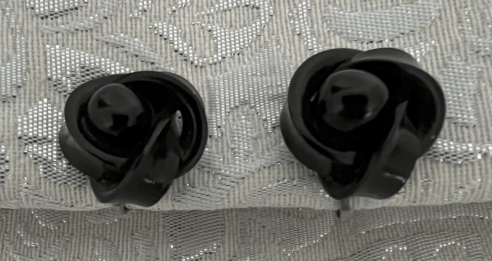 Vintage Celluloid Screw Back Earrings • BLACK Rose Knot Silver Tone • 5/8”