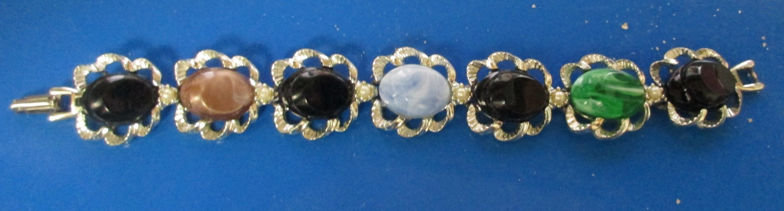 Vintage Silver Tone Colored Cabochon & Tiny Faux Pearls Bracelet