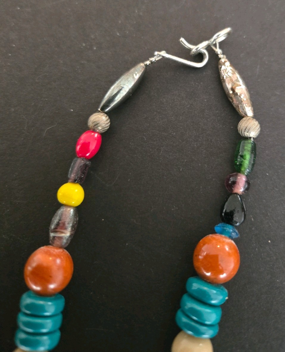 Unique Vintage Boho Multicolor Bead Necklace W/Heart Pendant