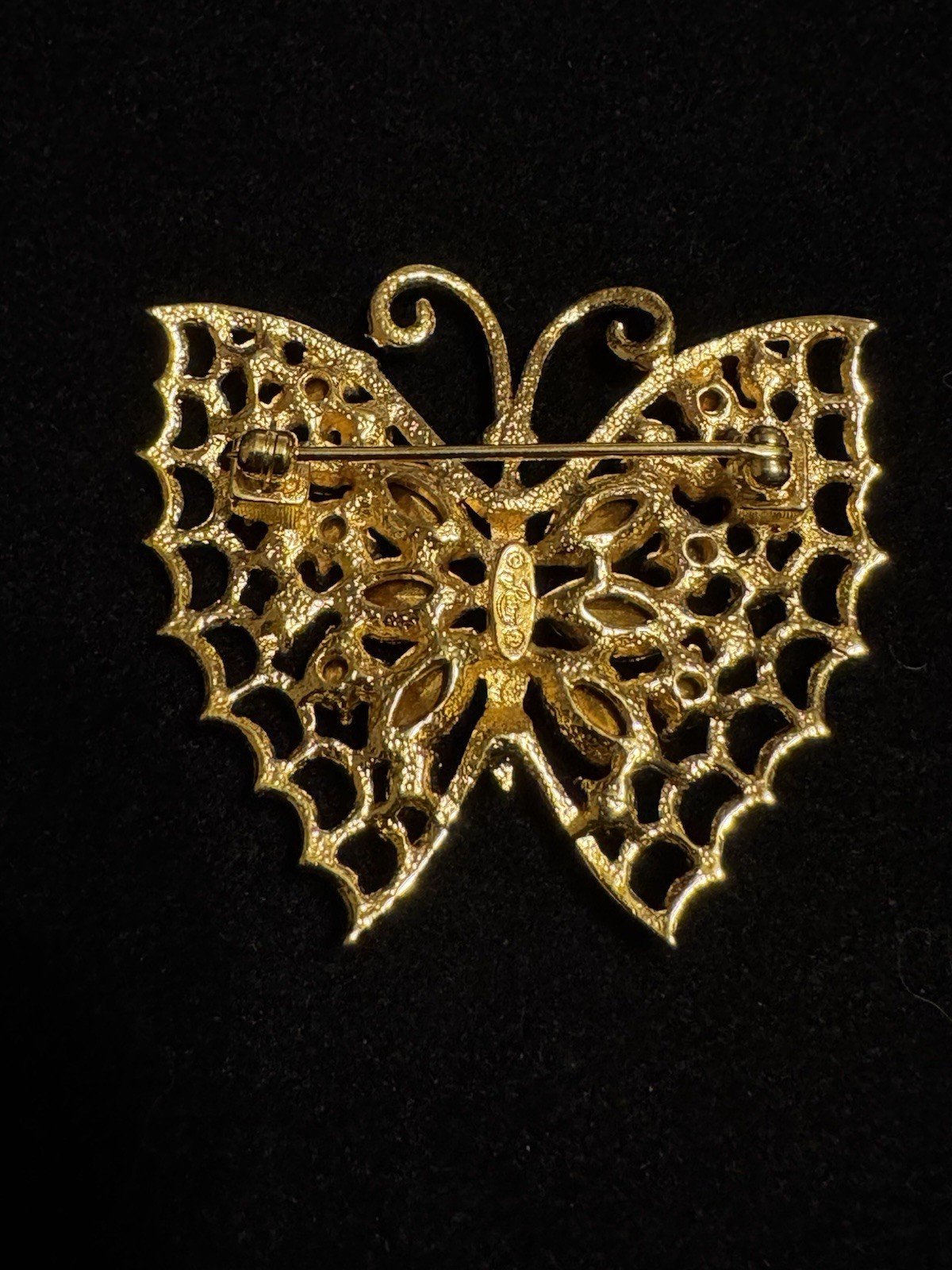 Revere Butterfly Brooch, Gold-tone Filled With White Rhinestones , Signed