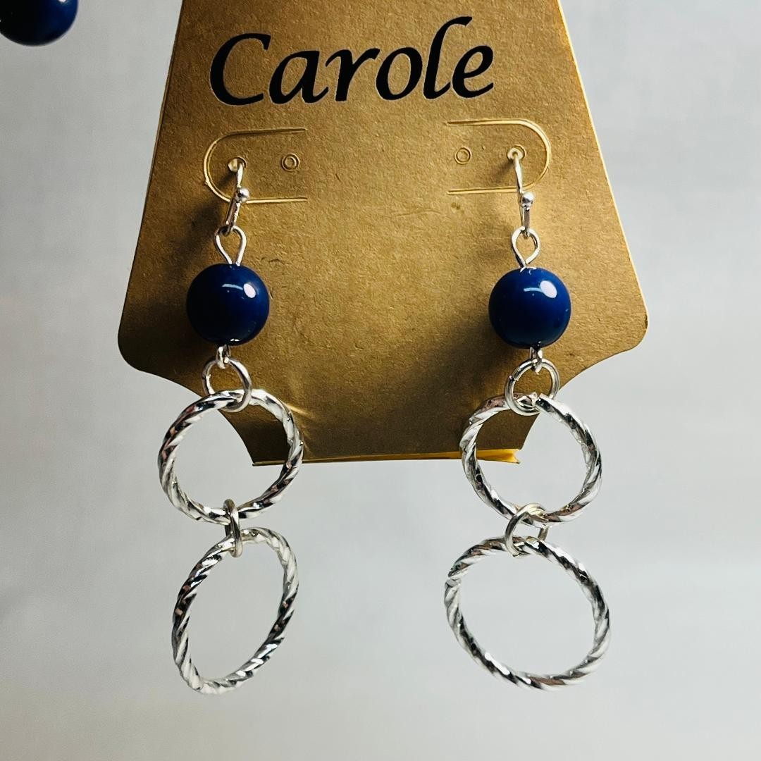 NEW Carole Silver-Toned Fish Hook Hoop Earrings Necklace Blue Beads Size Descrip