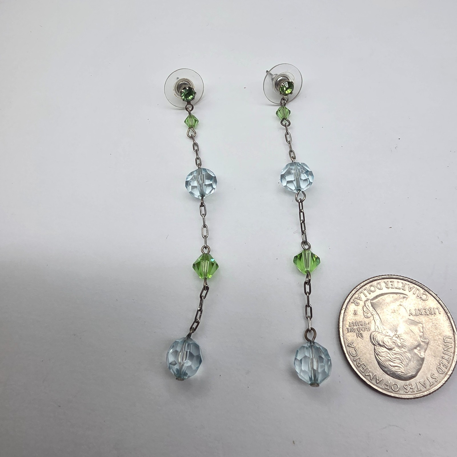 Green Rhinestone Blue Crystal Silver Tone Metal Dangle Pierced Earrings Vintage