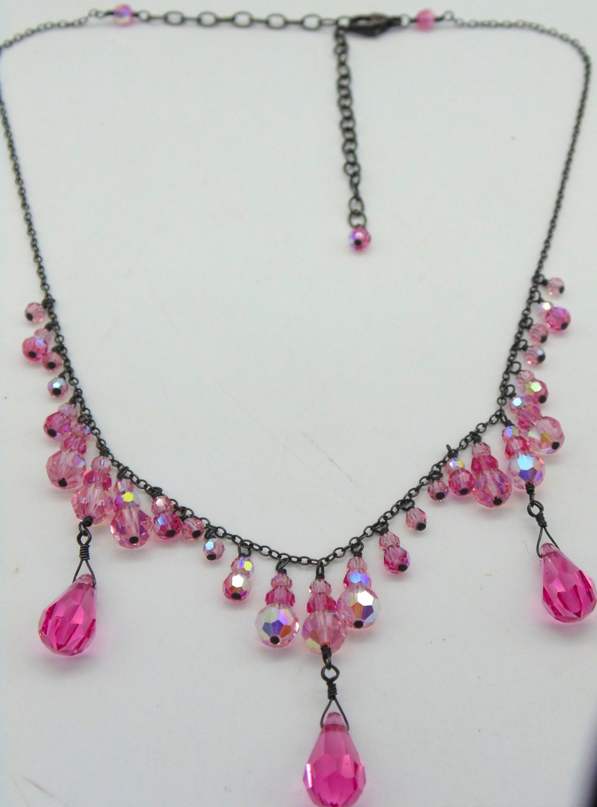 Vintage .925 STERLING SILVER and PINK CRYSTAL Festoon Necklace Adj. 15″-19″ Exc.