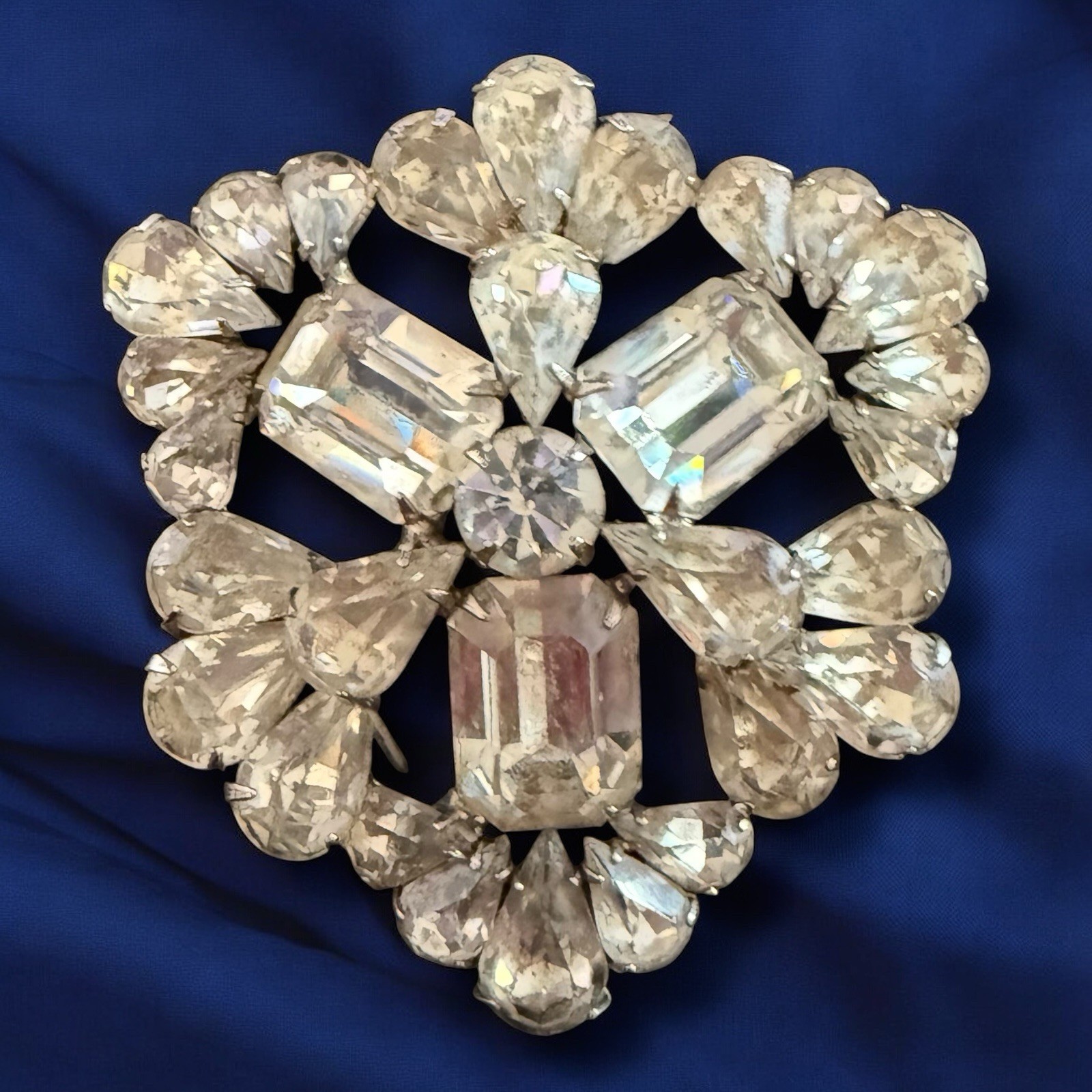 Extra Large Rhinestone Brooch Pin Mid Century Floral Spray Clear Rhodium Plated