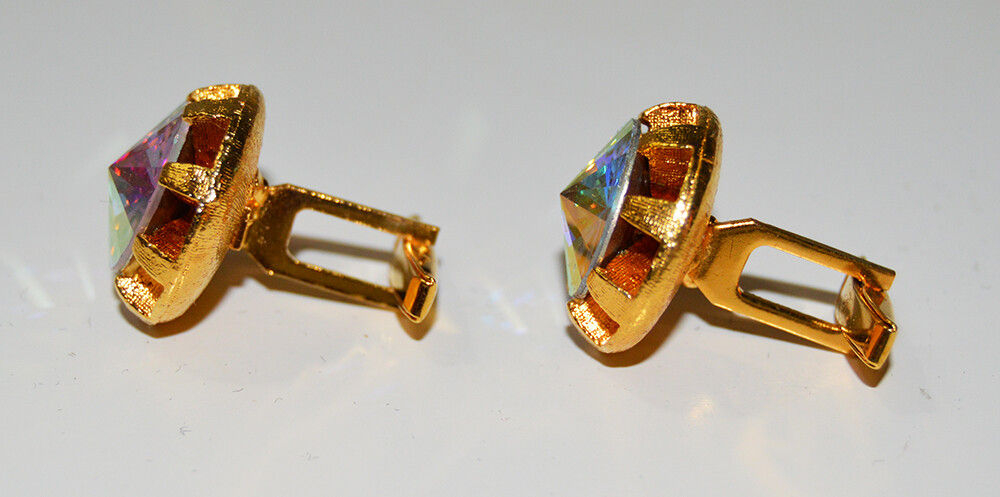 VTG MCM STACY Gold Tone Iridescent Rainbow Rhinestone Cuff Links / Tie Clip Set