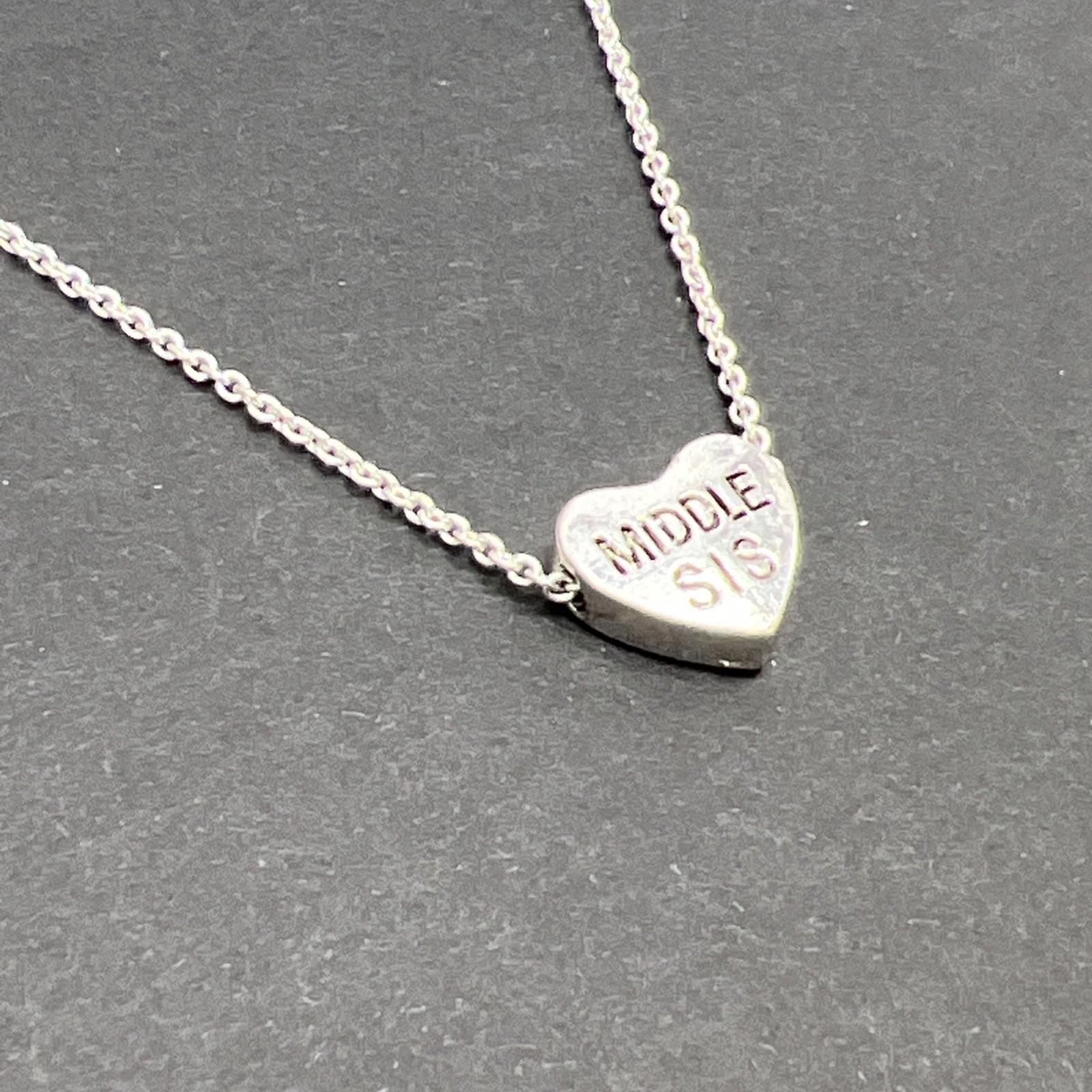 Claire’s MIDDLE SIS Sliding Heart Pendant Necklace Vintage Silver Tone 18”