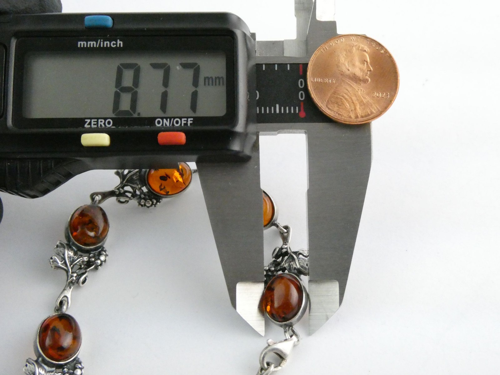 Vintage Sterling Silver Amber Cabochon Grape Vine Link Bracelet 925 7.25In 10.6g