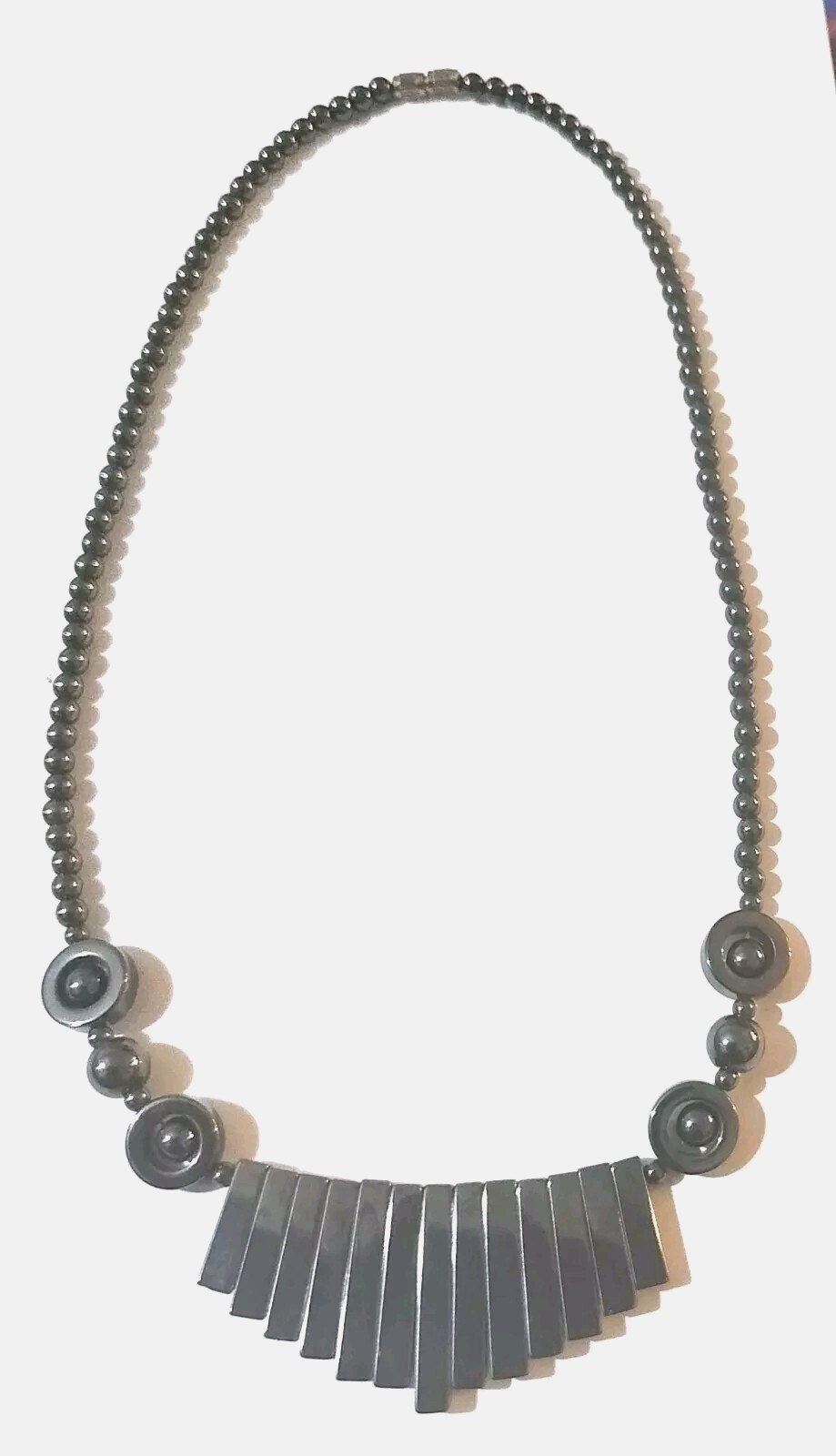 Vintage Estate Hematite Art Deco Beaded Necklace, Greyish Black, Screw Clasp