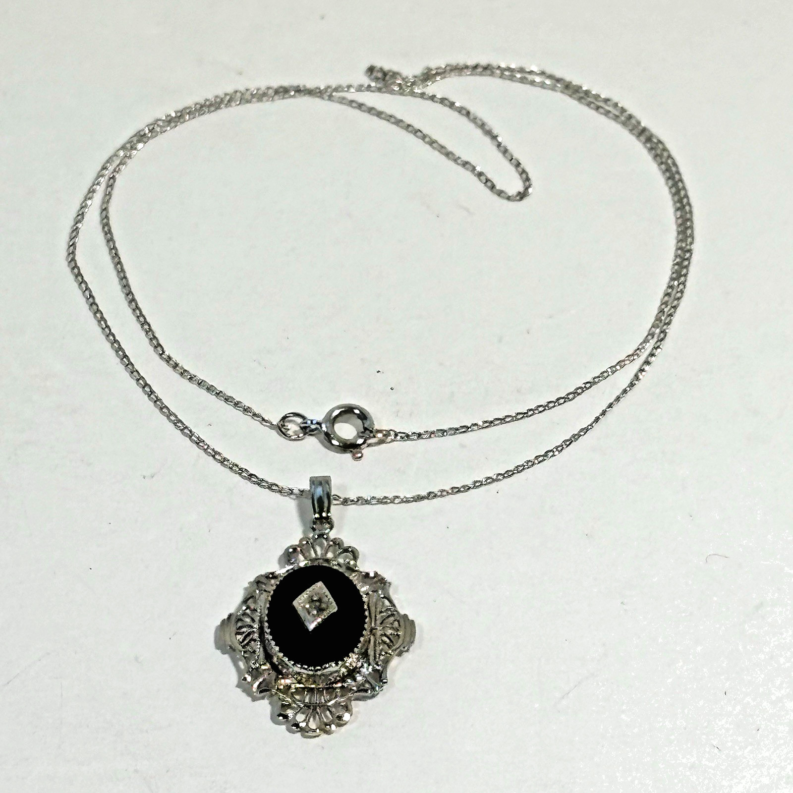 VTG Art Deco Black Onyx Diamond Filigree Pendant Necklace Sterling Silver 18″