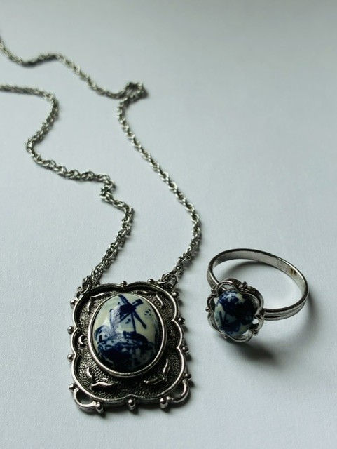 Sarah Coventry Blue White Delft Dutch Windmill Pendant Necklace & Ring, Vintage