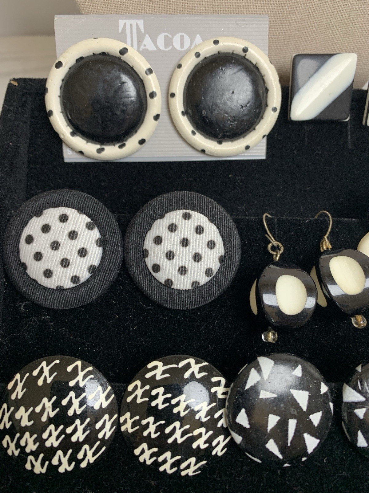 Vintage MOD Monochrome Jewelry Lot Black White Earrings Signed Tacoa & Necklace